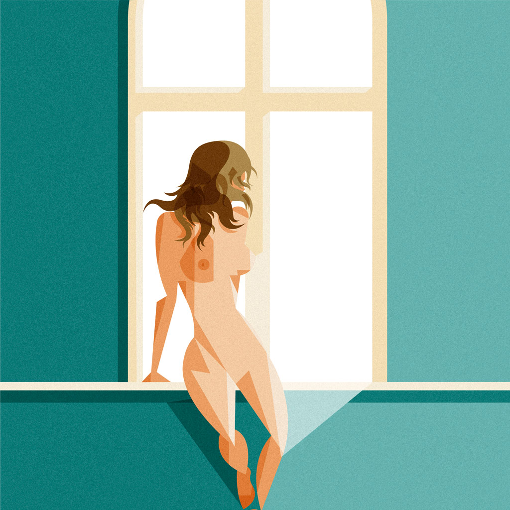 Nudo di donna alla finestra. Una ragazza poggia sull intercapedine creata tra finestra e parete completamente nuda e appena sfiorata a sottili fasci di luce.